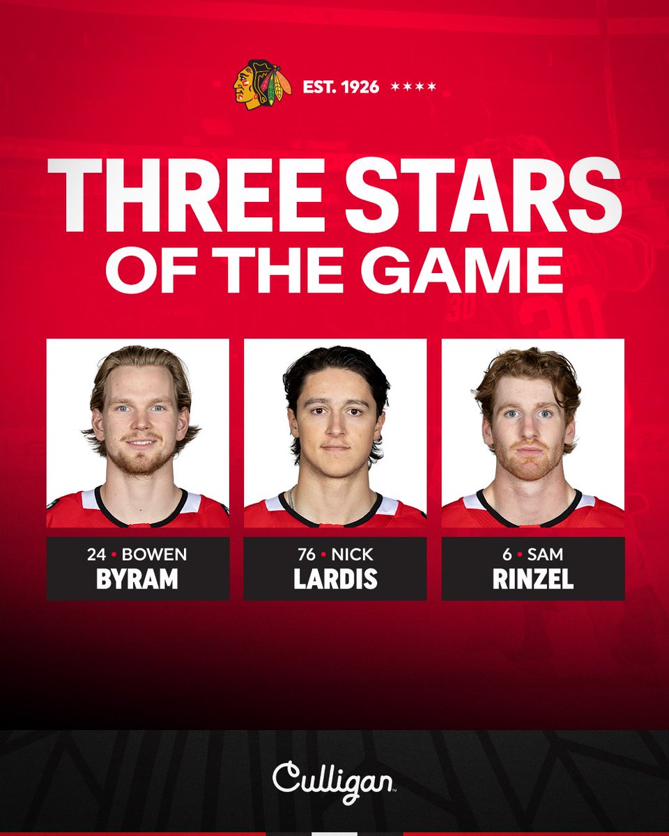 NHLBlackhawks's tweet photo. and for tonight's three stars:

⭐️ Bowen Byram
⭐️⭐️ Nick Lardis
⭐️⭐️⭐️ Sam Rinzel https://t.co/vjb8qChk35