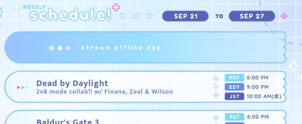zlgarchive's tweet photo. 📆 [🍸 Schedule]

Also as mentioned on today's stream, Zeal 🍸 will be in a collab with 🌤️, 🐠, and 🥽 to play Dead by Daylight!

Sept 23 (Wed) 10am JST / 1am GMT
Sept 22 (Tue) 9pm EDT / 6pm PDT https://t.co/bsU7Dafdzc