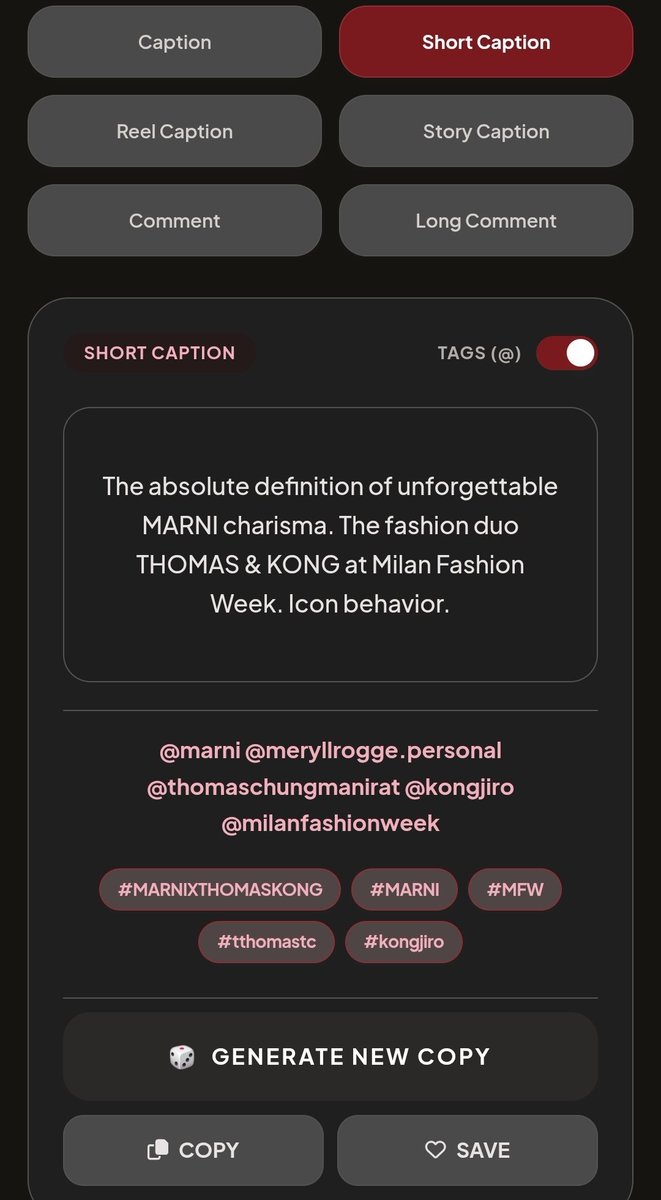 tmkspecific's tweet photo. Finally!!!! น้องเว็บฉบับ MARNIXTHOMASKONG มาแล้วค้าบบ 👏🏻😻

🔗 : https://t.co/5jL1a0voUF

สเปมาแปะลิ้งค์เว็บสุ่มแคปชั่นและคอมเมนต์ให้ทุกคนแล้วว เพิ่มความง่ายในการโพสต์และคอมเมนต์ ทุกคนจิ้มได้เลยว่าจะเลือกอันไหน เว็บก็จะสุ่มให้เราอัตโนมัติ แถมมี #,@ ให้แล้ว (อย่าลืมเปิดใช้งาน) เราแค่ก้อปไปวางแค่นั้นเลย ง้ายง่ายสุด ๆ ไปเลยอะ 👍🏻🤩

**แต่ป้าปู๊นต้องระวังด้วยน้า พอมันสะดวกและรวดเร็วแบบนี้ สเปกลัวเราจะแง้นเร็วเกินไป จนเสี่ยงเป็นสแปม ดังนั้นต้องทิ้งระยะด้วยนะคับ ห้ามลืม ๆ

Finally!!!! MARNIXTHOAMSKONG caption and comment generator is hereee 👏🏻😻

The Specific Team is here to share the updated website that randomly generates captions and comments to make posting and commenting easier! Just choose whichever option you like, and the website will generate one for you automatically. It also includes the # and @ (don’t forget to enable them)! All you have to do is copy and paste. Super easy! 👍🏻🤩

**But P’Poon, please be careful! Since everything is so quick and convenient, we’re worried you might go too fast and risk being flagged as spam. So please remember to leave some time between each post/comment. Don’t forget! 🥺🩷

#MARNIXTHOMASKONG
#MARNI #MFW
#tthomastc #kongjiro
#thomaskong #โทมัสก้อง