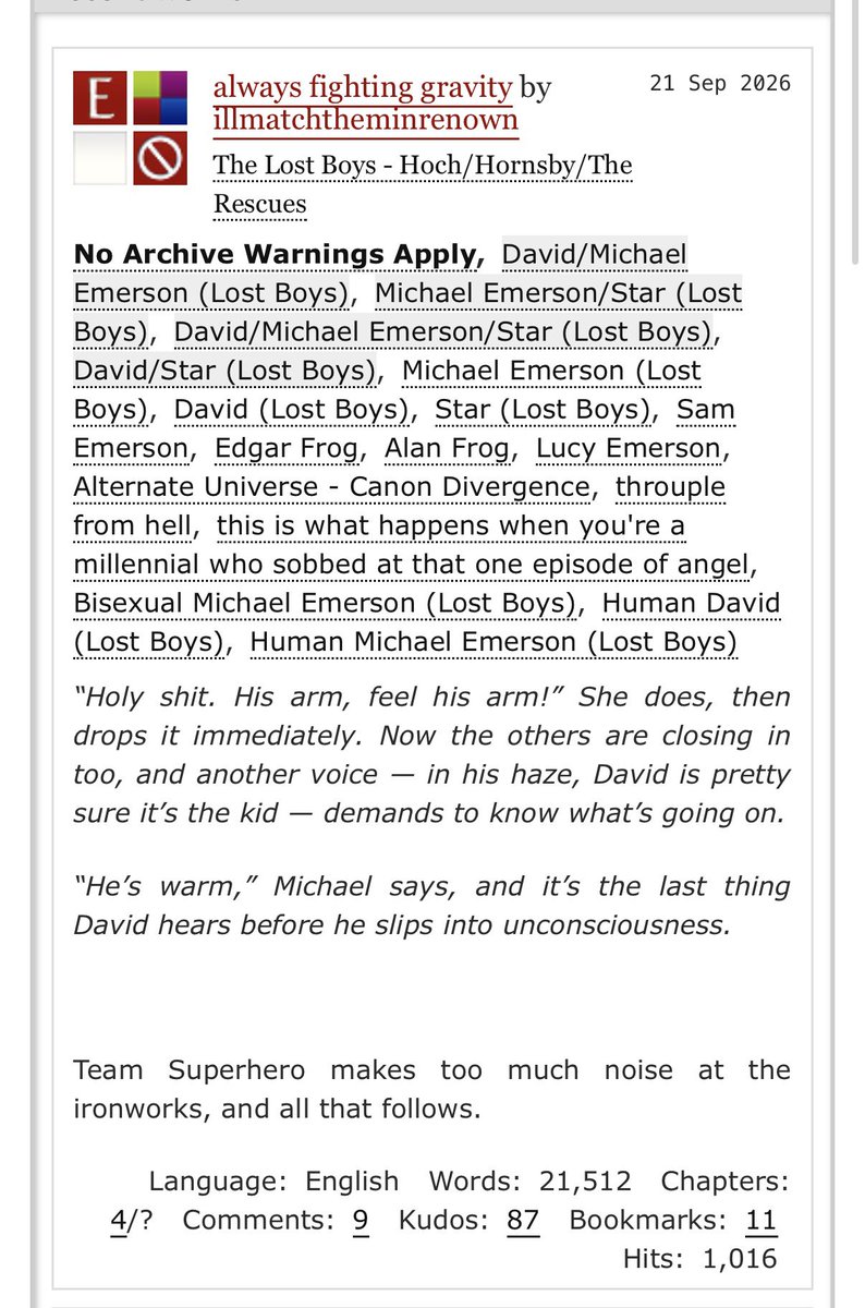 janetheurchin's tweet photo. yall if you aren’t already reading this post-canon AU lost boys fic, please do https://t.co/dHM2CacbA1 https://t.co/6VXgB1jNIO