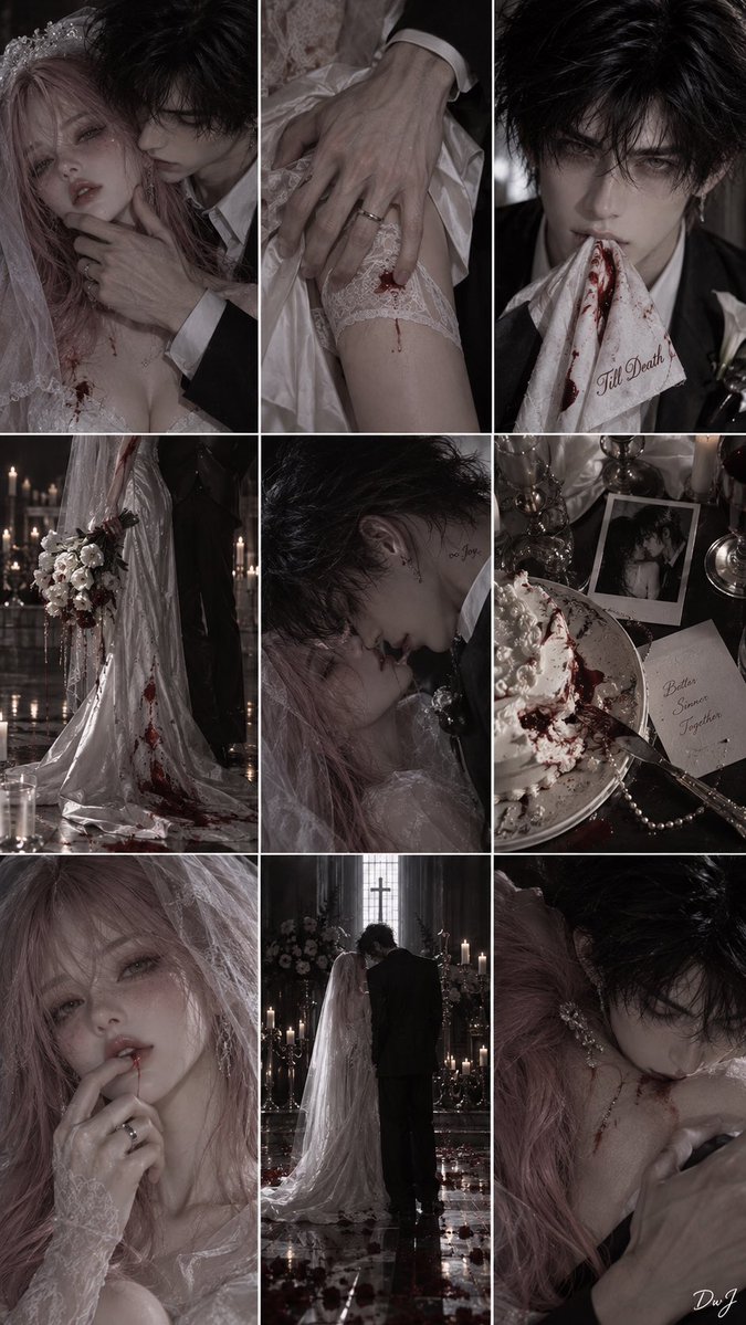 JoywDan's tweet photo. 👰🩸

prompt-image2.5:

婚礼x极简冷灰时装电影 × 一点血色异常，3x3，9:16 https://t.co/iRt3lnMIBw