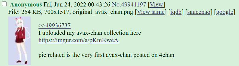 AvaxChanSF's tweet photo. The Original $AVAXCHAN 
posted originally on June 24, 2022

first known appearance was on June 6, 2022 on 4chan's /biz/ board https://t.co/lco09wSzwC