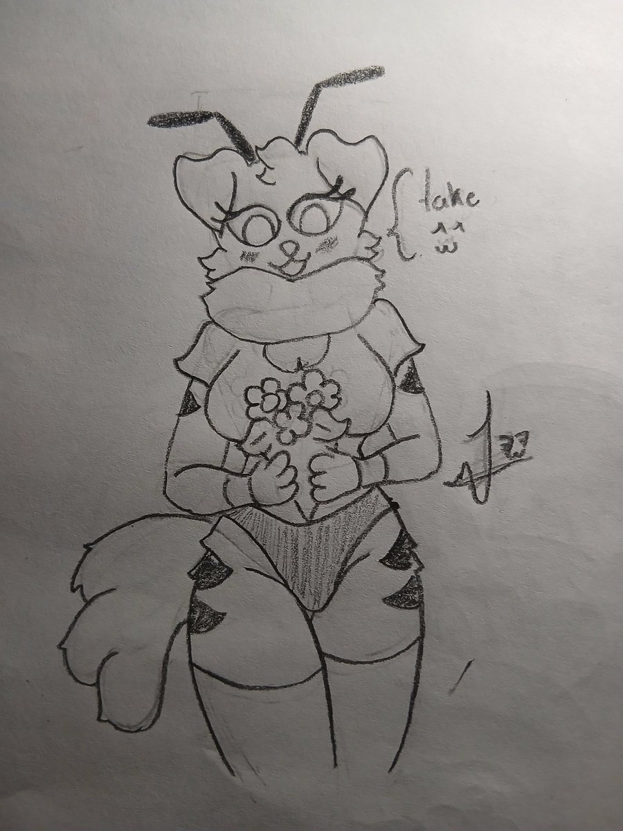 Java_045's tweet photo. The design is finished, and look, she's carrying a bouquet of yellow flowers. Who will she give them to? 
#furry #suggestive #artwork #sketch https://t.co/enQrcmBqKo