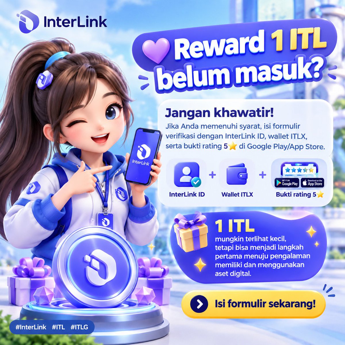 SularniL90175's tweet photo. 💜 Reward 1 ITL belum masuk?

Jika memenuhi syarat, isi formulir dengan InterLink ID, wallet ITLX, dan bukti rating 5⭐.

🎁 1 ITL, langkah kecil menuju ekosistem digital!

👉 Isi formulir sekarang!

#InterLink #ITL #ITLG https://t.co/U797GgWJfQ