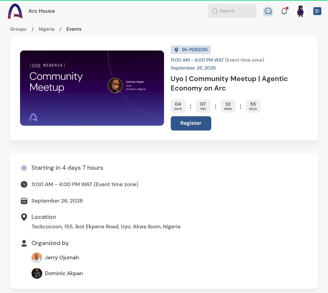 Essence_btc's tweet photo. Another Arc community meetup in Uyo, Nigeria, focused on the Agentic Economy on Arc.

Love seeing the @Arc community continue to grow across Nigeria.

The Arc House event listing confirms the Uyo meetup is scheduled for September 26, 2026, 11AM–4PM WAT. @JerryOjumah &amp; @TechyDom https://t.co/N4AuePZHB0