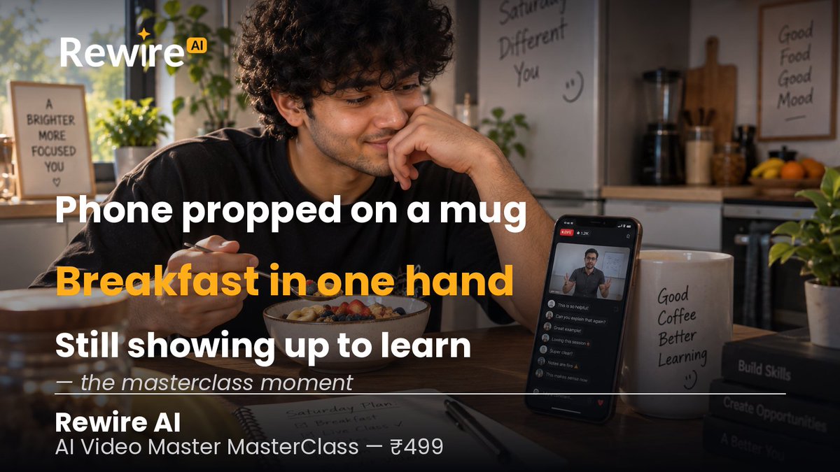 RewireBharat's tweet photo. Phone propped against a coffee mug. Breakfast in one hand. Still learning

That's the whole point of a live session that fits into a real Saturday

AI Video Master Master Class — ₹499, this weekend.
rewirebharat

#AIVideoMastery #RewireAI #MasterClass #AISeekho #WeekendLearning https://t.co/Jf8et9PZsa