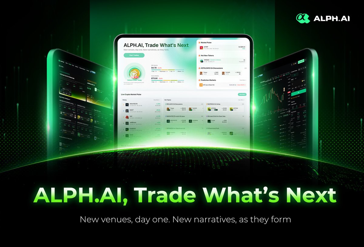 alphai_onchain's tweet photo. https://t.co/sXb9uHFuBr JUST GOT A NEW LOOK.

But this isn't just a UI refresh. 🪄

We're building Alph around one idea:

TRADE WHAT'S NEXT.

Discover new markets.
Track what's moving.
Trade across chains and venues.
All in one terminal.

Lower fees. Day-one coverage. Smarter discovery.

Welcome to the new Alph. 👀

→ https://t.co/0ZUz9zkhws