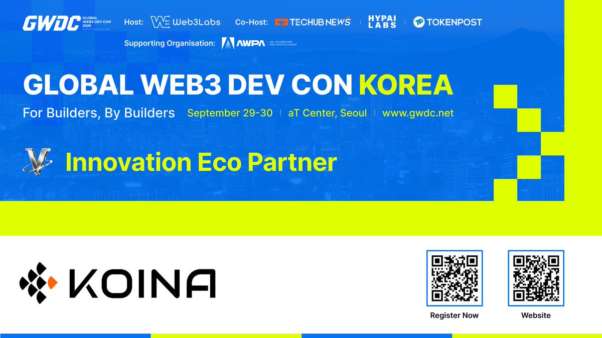 gwdc2026korea's tweet photo. 【#GWDC 2026 KOREA】PARTNER ANNOUNCEMENT 🚀

We are thrilled to announce that KOINA joins "GWDC 2026 KOREA" as our official Innovation Partner.

KOINA @KOINA_official is the Agentic Health Vitals OS. It delivers a daily brain score, a daily body score, and a next action the working day can take. KOINA Cube at the desk tracks estimated BHQ and neck-and-shoulder posture. KOINA Sense on the wrist tracks sleep, HRV, recovery, and strain. One loop turns those signals into guidance — stand, hydrate, take daylight, or skip a high-load meeting. KOINA empowers users to run the day on measurement joined to coaching.

On September 29–30 at the aT Center, Seoul, KOINA will join government officials, business leaders, industry experts, and developers to share forward-looking insights and co-shape the future paradigm of Web3 and AI.

🎟 Registration: https://t.co/trfDtgQKVQ 
🌐 Official Website: https://t.co/I4qnT9jAUP 
📄 Event Sponsorship: https://t.co/slNgszKgYD
