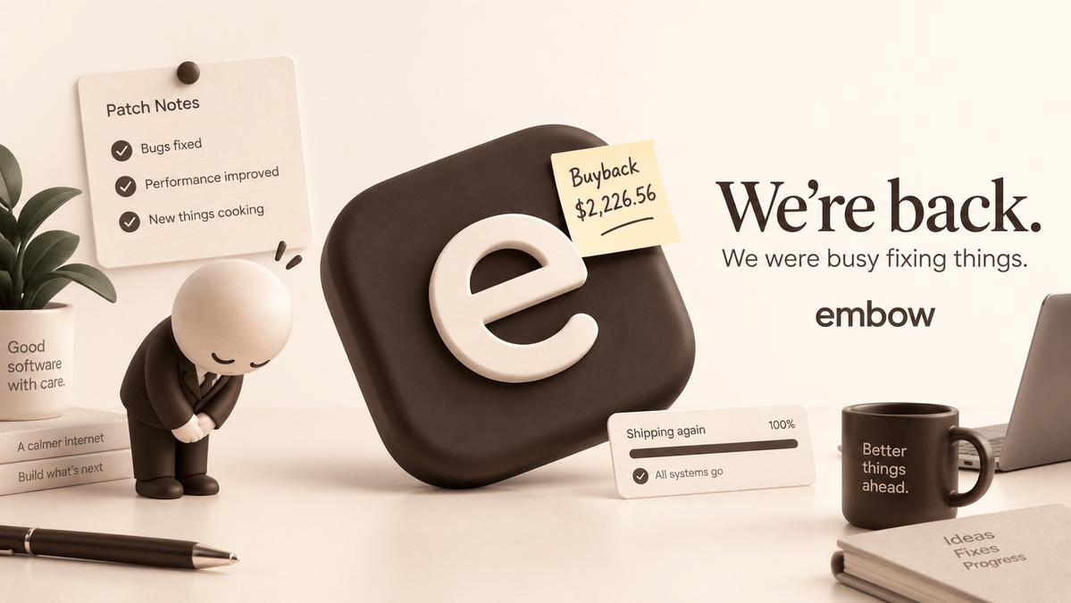 embow_protocol's tweet photo. Apologies for the recent silence 🙏

Team has been focused on resolving the issues we encountered and improving the platform.

Here is an update on Embow’s fee structure, economic flywheel, and V1.1 deployment:

➩ For V1.0 tokens, including $EMBOW, the 3% trading fee is collected in both the pair’s quote asset and the launched token. The proportion collected in each asset depends on buy and sell activity. It is not a fixed 50/50 split.

➩ Currently, 4.82% of EMBOW’s total supply is held in the fee contract. These tokens will remain in the contract and will not be sold. However, they should not be counted as irreversibly burned supply.

➩ This strengthens the economic flywheel for users. EMBOW accumulated in the fee contract stays out of circulation without generating additional selling pressure. Meanwhile, available quote-denominated fees fund users’ compute credits, and a portion of unused treasury funds can finance EMBOW buybacks followed by automatic burns.

➩ The first buyback-and-burn cycle is complete. A total of 355.66 USDC was used to purchase 2,000,286.58 EMBOW, which were subsequently sent to the burn address. This represents approximately 0.20% of the total supply.

The total buyback budget allocated for today is 2,226.56 USDC.

➩ V1.1 is now live. Newly launched tokens collect fees exclusively in the quote asset, on both purchases and sales. Creator rewards are paid in native ETH, while the compute and platform allocations are automatically converted into USDC.

➩ Existing V1.0 tokens retain their original fee structure. Creators continue to claim rewards in the quote asset, while the compute allocation is automatically collected and converted for the treasury.

➩ Automatic Venice credit top-ups are also operational.

➩ Treasury activity, credit top-ups, buybacks, and burns are publicly accessible here: https://t.co/Q3ZQYLFkHk

Tomorrow, I will continue improving website performance and addressing the remaining minor bugs. Thank you for your patience and continued support.