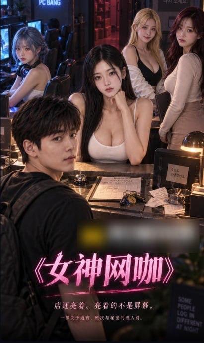 yulefuli's tweet photo. AI成人短剧《女神网咖》EP1

新林洞网咖，吧台后的女人轮班微笑，南社长把钥匙和班表握在同一只手里。

隔壁的门只开一条缝一一“你今晚，还回自己家吗？”安泰贤本来只是客人。

可客人一旦看见仓库里的灯，就不再只是客人。店还亮着。亮着的，从来不只是屏幕。

#AI短剧 #AI成人短剧 #女神网咖 https://t.co/MLFktTnYUL