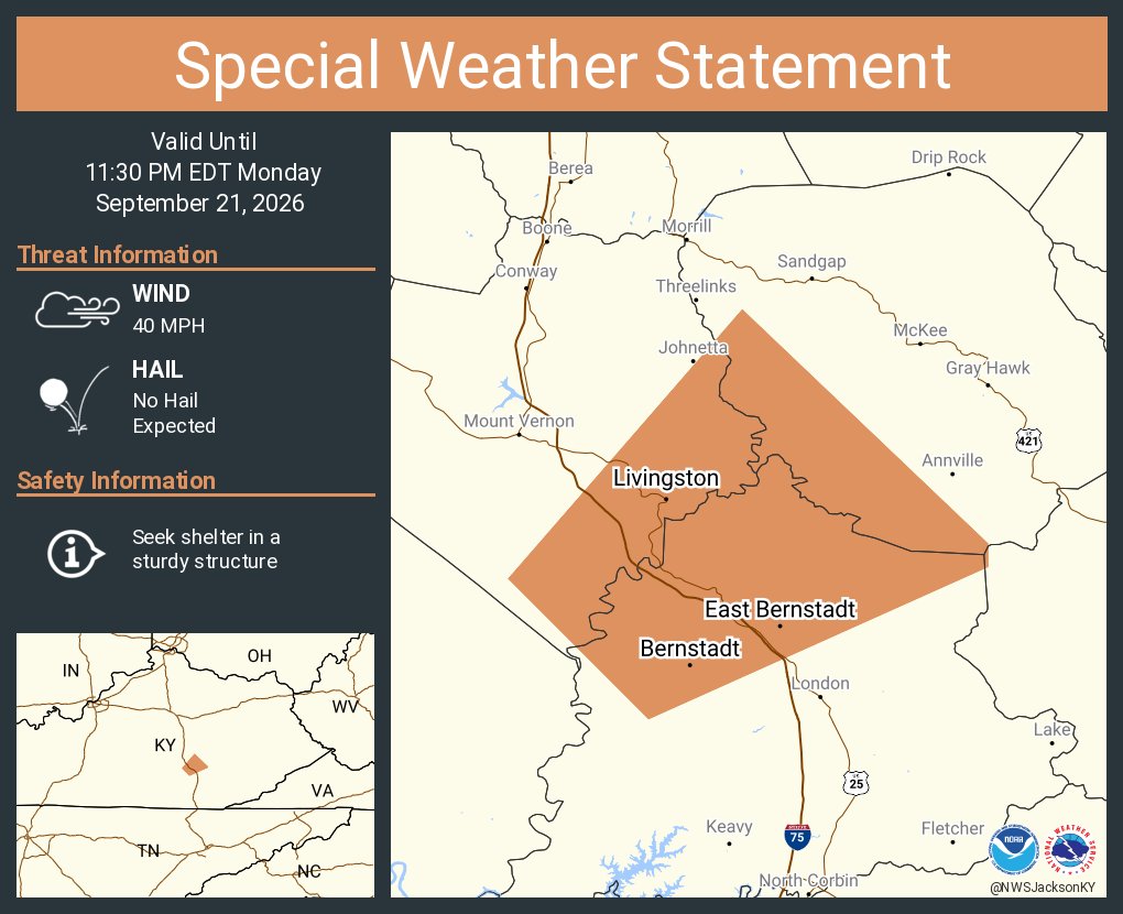 nwsjacksonky's tweet photo. A special weather statement has been issued for East Bernstadt KY, Livingston KY and  Bernstadt KY until 11:30 PM EDT https://t.co/fbNdtNBzXy