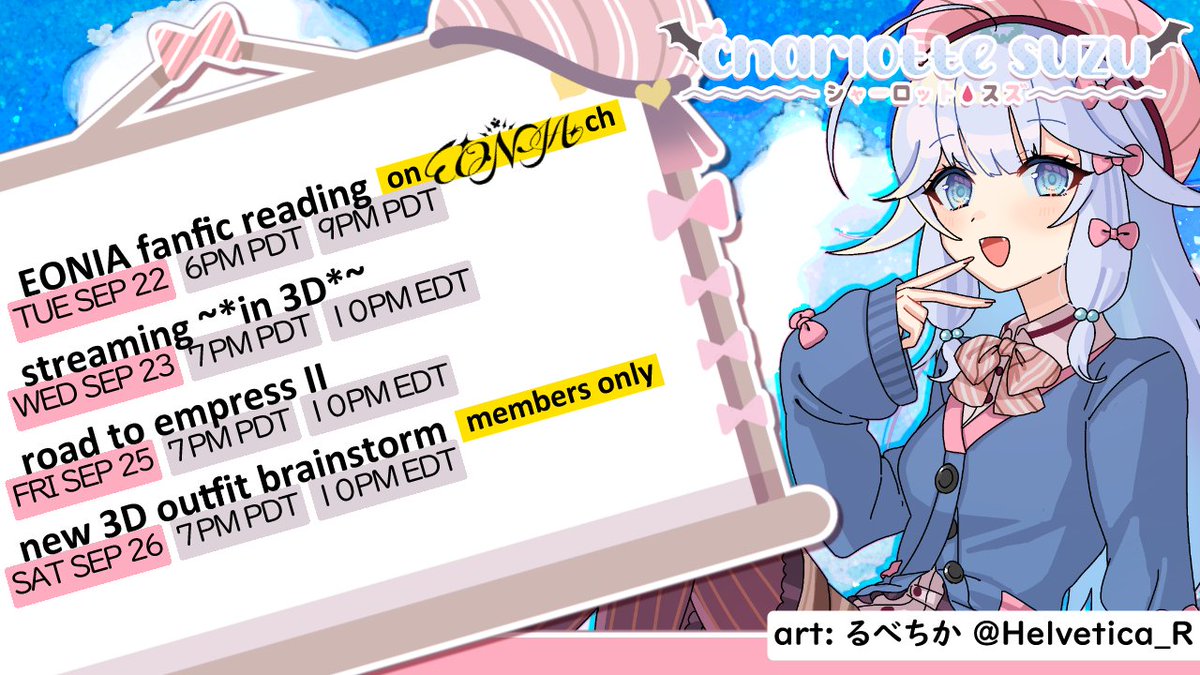 uissuzu's tweet photo. This week's livestream schedule!!

Channel: https://t.co/MndErhrWZd 
General tag: #charlottesuzu
Fanart tag: #charlART
Artwork by: @/Helvetica_R https://t.co/gxYjPbD8Ex