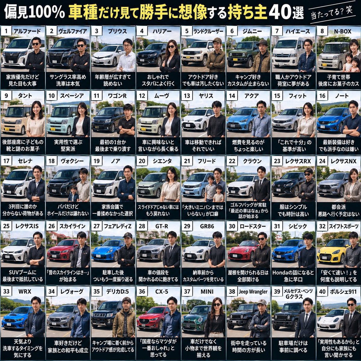 sponta1419's tweet photo. 完全に偏見だけど…
乗ってる車で人の特徴が分かる。

※異論は認めます。 https://t.co/db2fkjGM7p