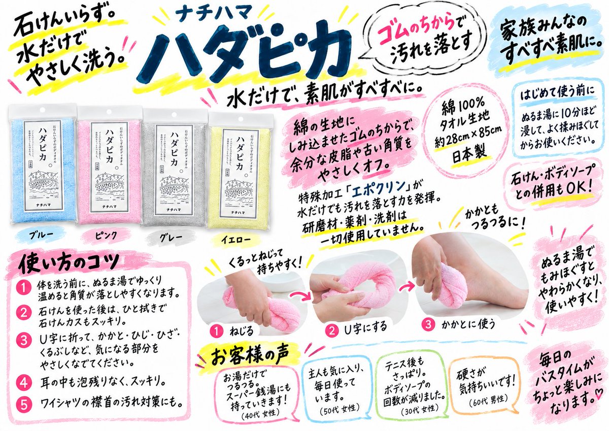 na_tencho's tweet photo. なんで知らない？石けんいらず。「ハダピカ」は水だけでOK。日本３大タオル産地の１つである泉州のタオルに、ゴムを染み込ませる特殊な加工“エポクリン加工”を施した。ゴムの摩擦力と吸油性を利用して水だけで汚れを落とせる。もっと知られるべき良品。覚えて帰ってくれ。なんなら広めてくれろ。 https://t.co/I6174AaGdH