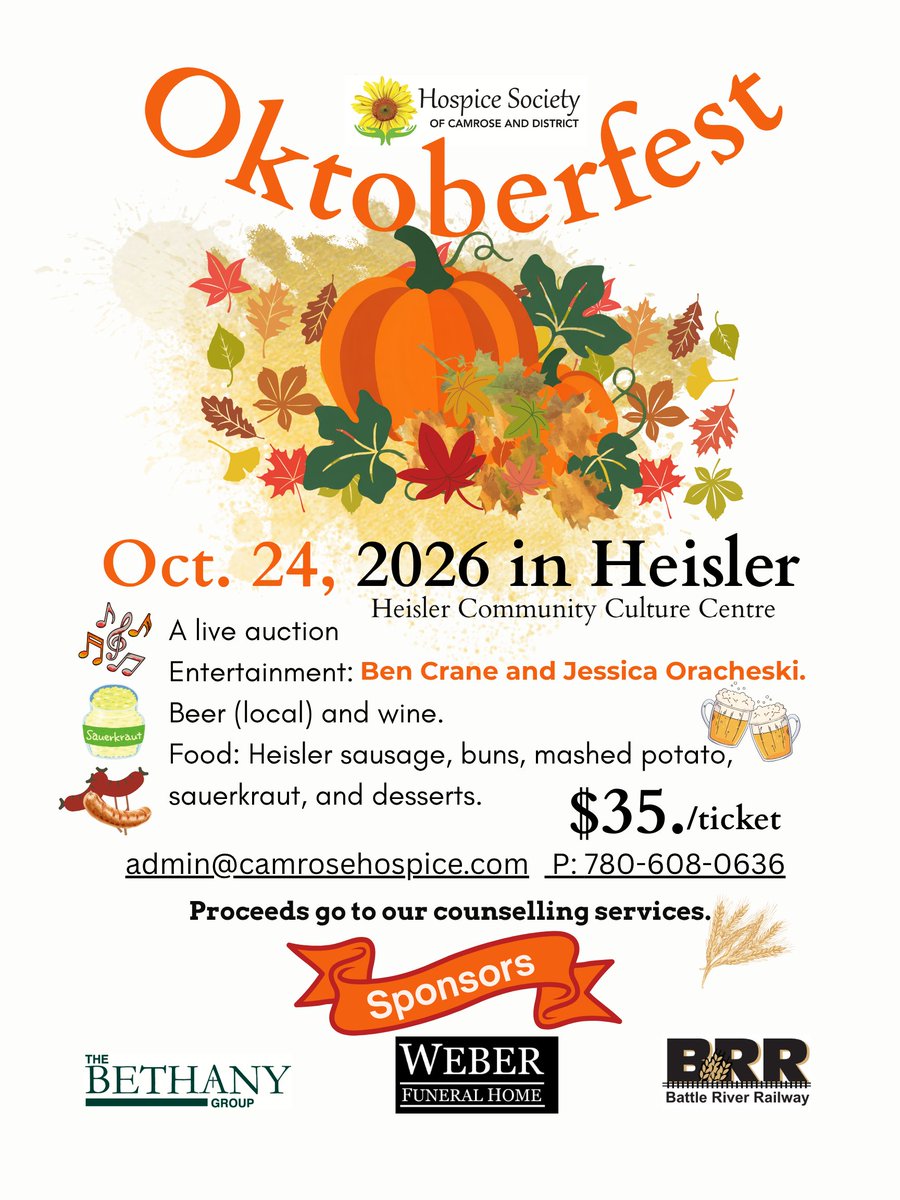 camrosehospice's tweet photo. Make plans to join us on Oct. 24 for our Oktoberfest event. All proceeds go to our counselling services.
#camrosealberta #camrosecounty #fundraiser #oktoberfest #counselling #griefsupport #camrose #eveningout #Heisler https://t.co/3wy6ZE6yeu