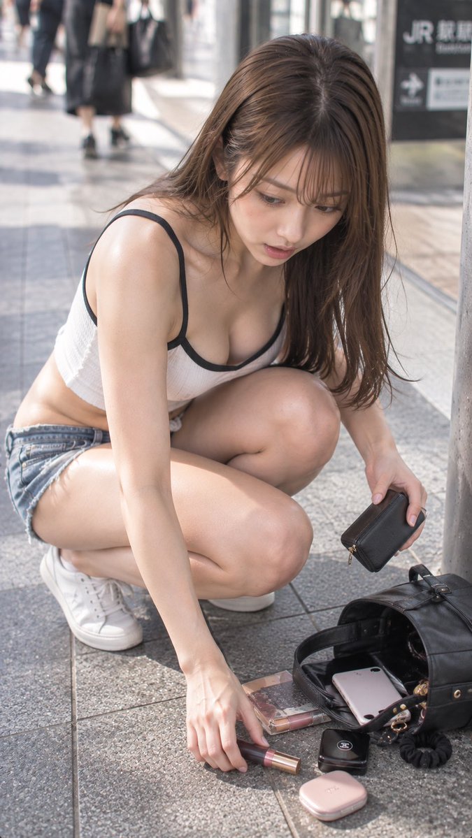 komari_ai's tweet photo. やばっ、全部落とした〜😳💦
駅前でバッグの中身ぶちまけちゃった😂
急いで回収中です…！👜💄

📷プロンプト
25歳、日本人、色白、細身、落ち着いた暗めのブラウンヘア、サラサラの大人っぽいロングヘア、白×黒のモノトーンキャミソール、ローライズのデニムホットパンツ、白スニーカー、駅前、バッグの中身を落としてしまう、床にしゃがんで散らばった財布・スマホ・リップ・化粧品を慌てて拾っている途中、斜め上から見下ろす構図、焦った自然な表情、人通りのある街中、明るい自然光、偶然撮れたような日常スナップ、フォトリアル、9:16

#AI美女 #AIart
