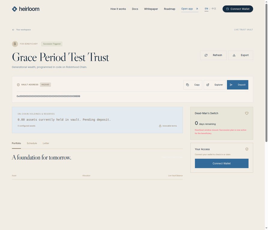 HeirloomRH's tweet photo. trusts should not go dark between creation and claim.

Heirloom now shows the state machine inside the vault:

Pending Funding → Active → Grace Period → Succession

If the check-in window is running, you can see it. If the handoff has started, you can see that too. https://t.co/RpDSELTixa