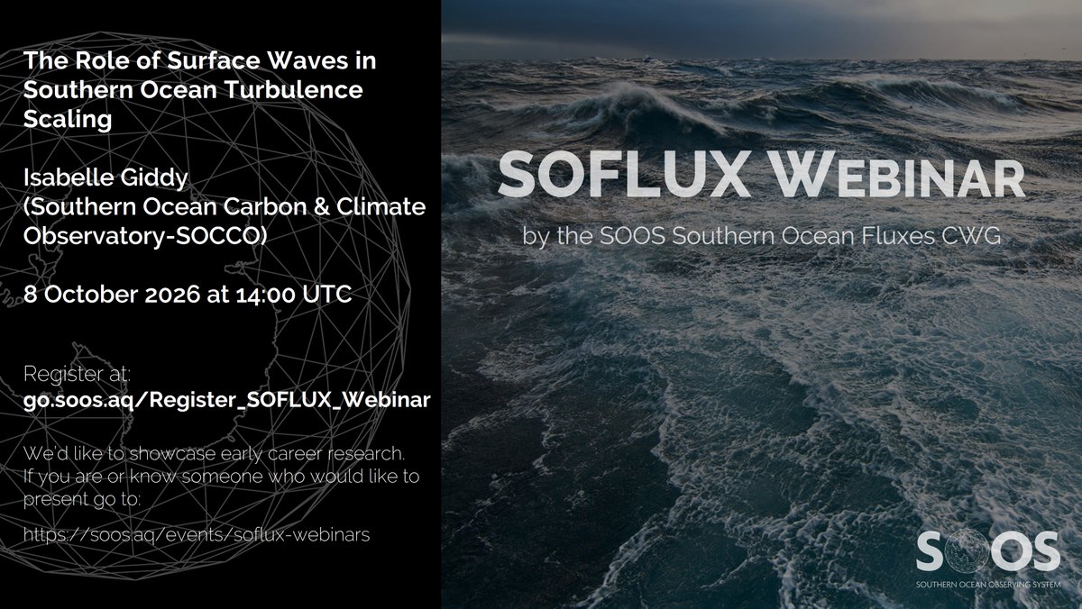 SOOSocean's tweet photo. 🌊 Look who’s back! 👋

The #SOFLUX_webinar series is back - after the Northern Hemisphere summer break!

Join us to explore the role of surface waves in Southern Ocean turbulence scaling, with Isabelle Giddy (SOCCO).

📅 8 October | 14:00 UTC
🔽https://t.co/MVc13NKX1t https://t.co/NMIpMfZMDF