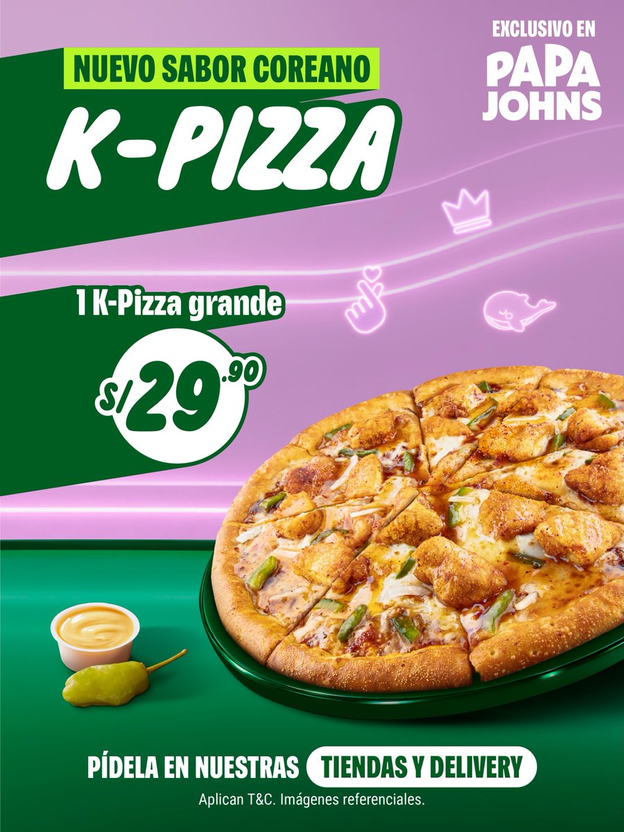 bts_peru1's tweet photo. Oficialmente ya está disponible la
nueva K-PIZZA.💜 
Tu coreana favorita🫰🍕 

Pídela YA desde S/29.90
@papajohnsPE

#PapaJohns #KPizza #PizzaCoreana https://t.co/ES3tFdmGcL