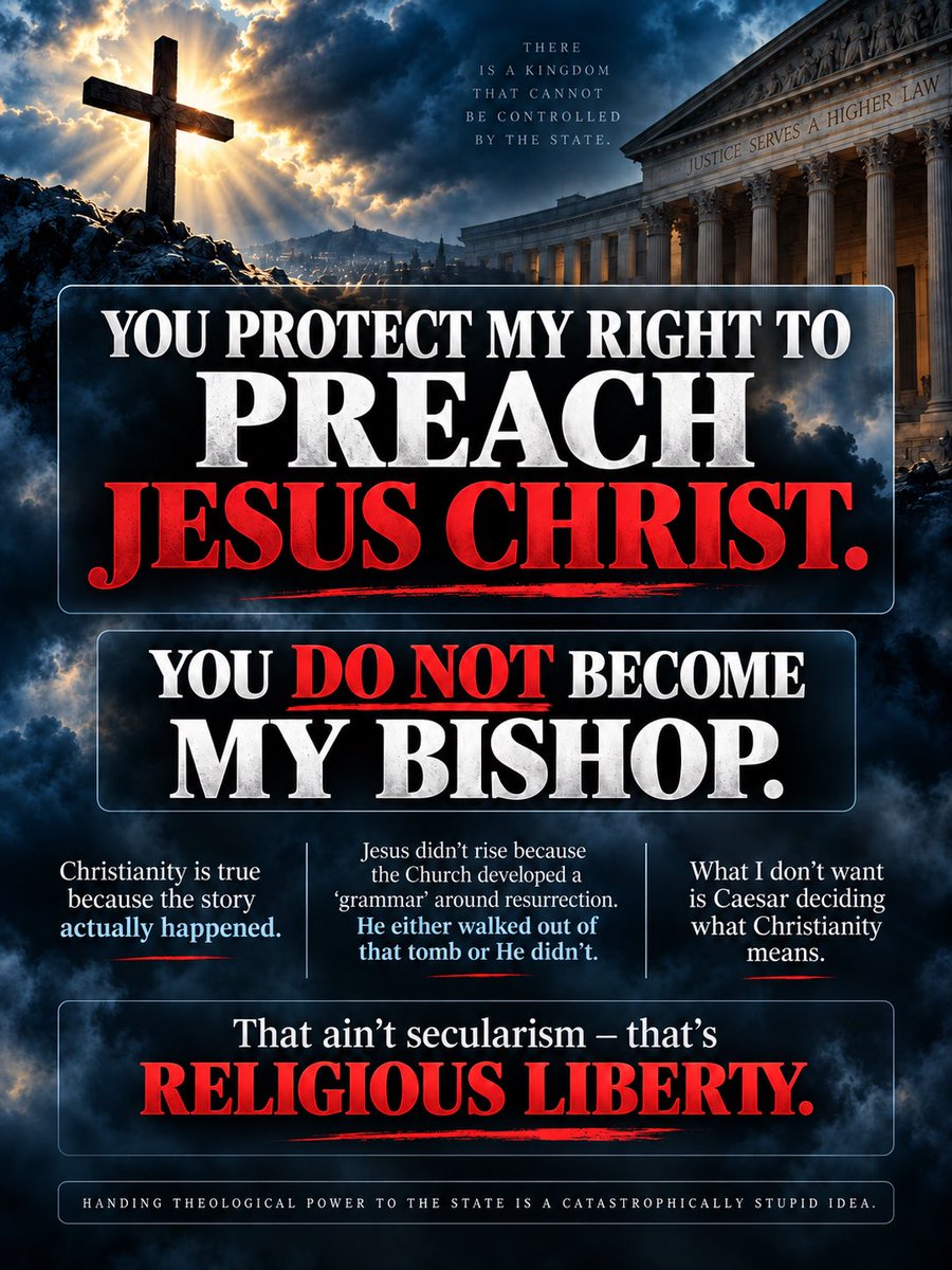 xmikemac's tweet photo. Let me be blunt with these postliberals — Christianity isn’t true because Christians inhabit a ‘coherent story’. 

Christianity is true because the story actually happened.

Jesus didn’t rise from the dead because the Church developed a meaningful “grammar” around resurrection. He either walked out of that tomb or He didn’t. Paul says it plainly: if Christ wasn’t raised, our faith is worthless.

Period.

That matters in our political system, too. Once truth gets grounded in some weird internal logic of a community, the next question becomes: which community gets to define the public good? Some of these political postliberals cats openly argue that our government should move beyond liberal neutrality and ORDER society toward a more substantive “common good.” 

Yo! That right there is where this Protestant American says: absolutely freakin’ not.

I want Christianity preached boldly. Yes, I want Christians influencing culture. Yes, I absolutely want Scripture proclaimed without apology.

What I don’t want is Caesar deciding what Christianity means.

The minute this government starts enforcing “Christian order,” somebody’s got to decide which Christianity gets the badge and the gun. The Catholics? No thanks. Reformed? Baptist? Orthodox? Anglican? No ma’am.

This here is your answer — You protect my right to preach Jesus Christ.

You do NOT become my bishop.

That ain’t secularism, baby — that’s called religious liberty.

BTW, as a Protestant, I got several hundred years of history explaining why handing theological power to the state is a catastrophically stupid idea.