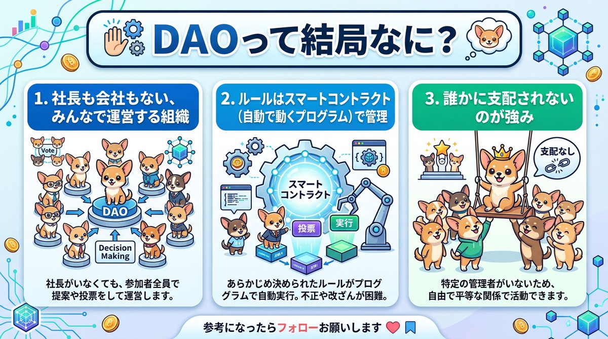 Ems3Ecq's tweet photo. DAOって結局なに？

自律分散型組織
簡単に言うと、社長も会社もない、
みんなで運営する組織

ルールはスマートコントラクトに書いてあって
人間が勝手に変えら��ない仕組み

誰かに支配されない、これが一番の強み✨

参考になったらフォローお願いします
#Web3 #DAO
#NEAR
#仮想通貨
#BTC 
#Web3 https://t.co/o2iTuiJvT3