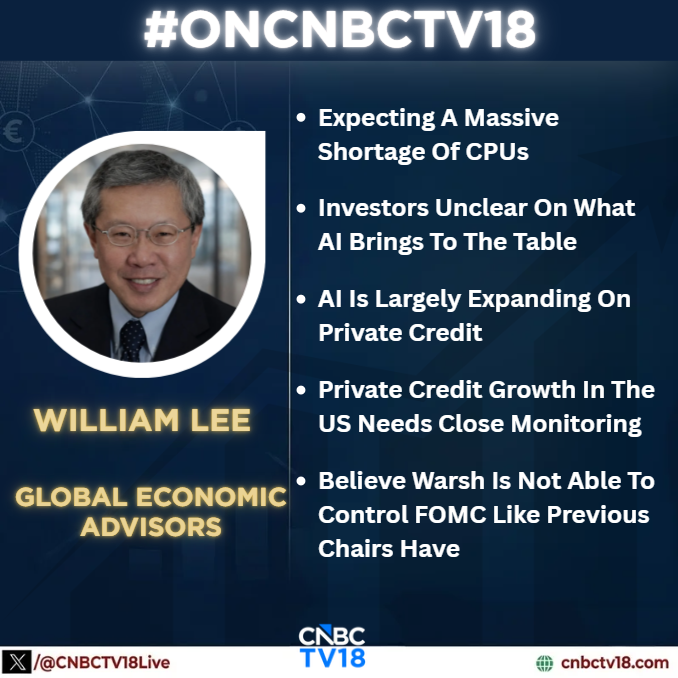 CNBCTV18Live's tweet photo. #OnCNBCTV18 | “Expecting a massive shortage of CPUs,” says William Lee, Global Economic Advisors, on CNBC-TV18
William Lee Says investors remain unclear on what AI brings to the table; private credit growth in the US needs close monitoring
#CNBCTV18 #WilliamLee #AI #USFed #PrivateCredit #Markets