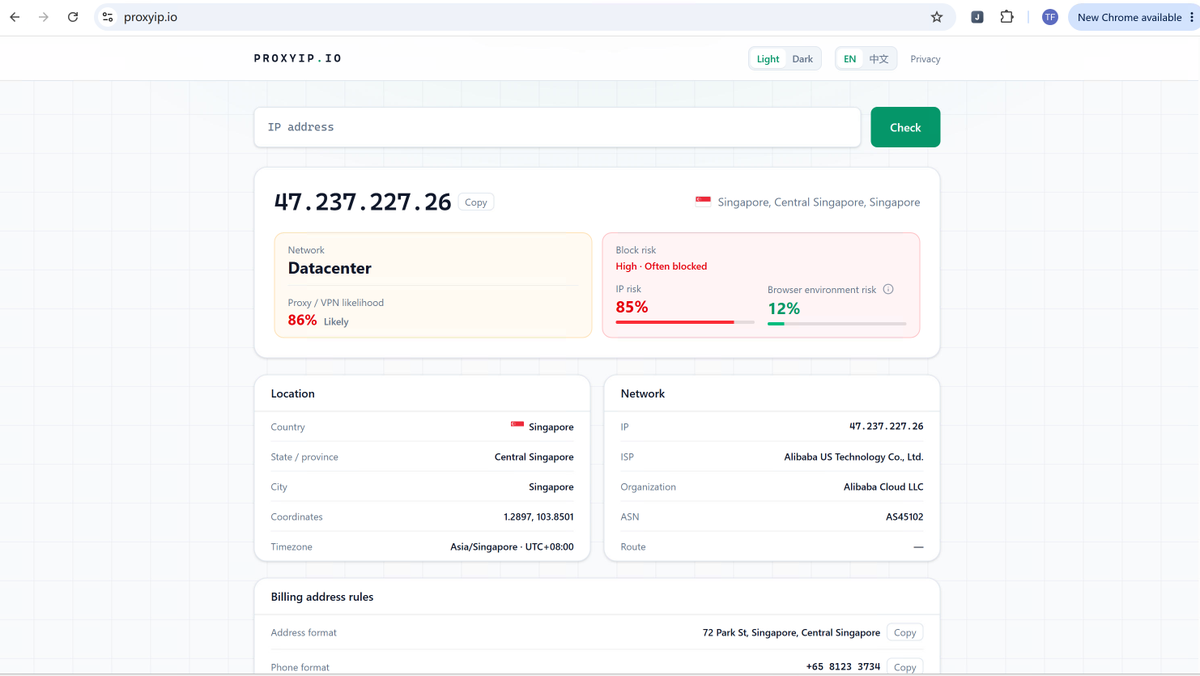 ParkerJoyProxy's tweet photo. 🛡️ Worried about your IP being flagged, scrubbed, or blocked by major platforms?

Check out https://t.co/p5OqmJg19K — a clean and powerful IP risk and browser environment checker.

✨ Key Features:

📊 Multi-Dimensional Risk Score: Instantly evaluate IP risk, browser environment security, and proxy/VPN likelihood.

🛒 Platform Block Estimator: Check your estimated block risks across E-commerce, Social, AI tools, and Payments.

🌐 Detailed Network Intel: Quickly uncover ISP, ASN, datacenter info, and geolocation data.

Test your network security now at https://t.co/p5OqmJg19K 🚀