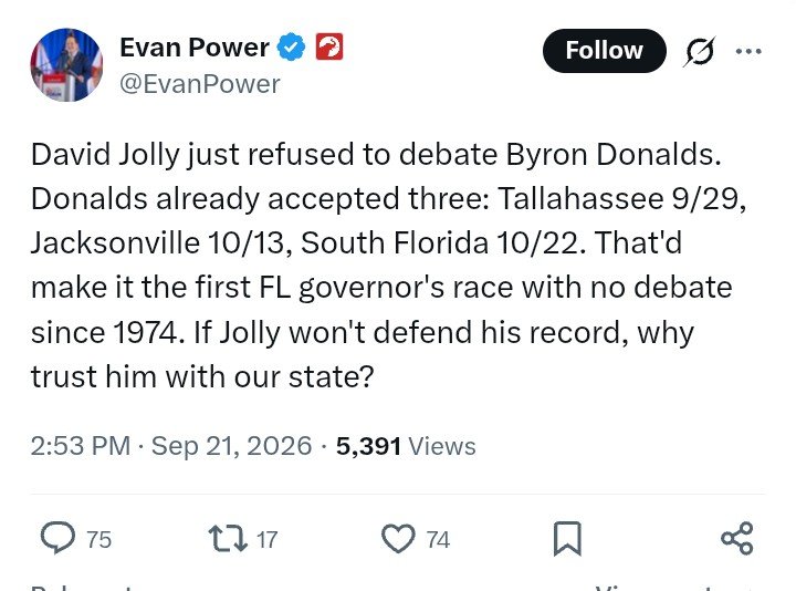 tallytina27's tweet photo. This is not true. Jolly agreed to debates before Donalds flipped the script. 

After Jolly agreed to debates, Donalds said he would only debate if:

1. There is no studio audience

2. There is no back and forth - Donalds wants to only answer the questions and not have to defend his positions

3: He gets to choose the moderator 

In other words, Donalds wants a non-debate debate. It's not a debate if there is no back and forth. 

It's rich that the Florida GOP, which denied debates during the primary to protect Donalds, is now pretending like Donalds wants to debate. 

Quit gaslighting people and have a traditional debate with a neutral moderator, an audience and back and forth between the candidates.