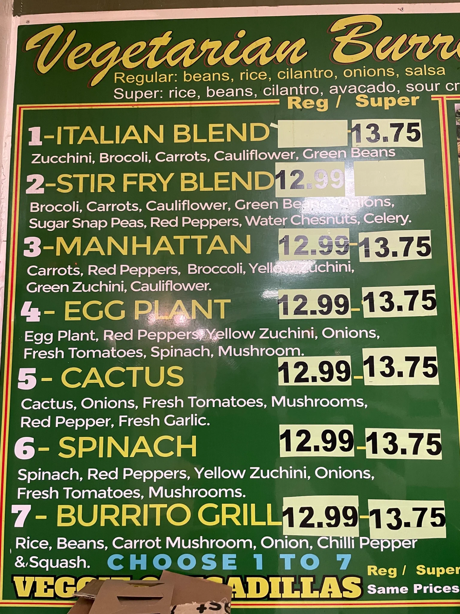 Veggie burrito menu at Taqueria Vallarta