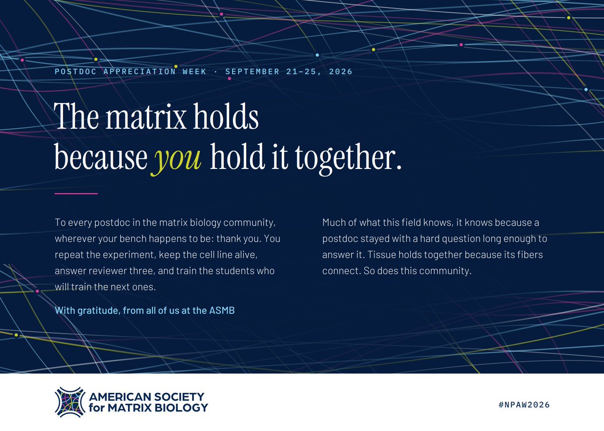 amsocmatbio's tweet photo. To every postdoc in matrix biology - thank you. You repeat the experiment, keep the cell line alive, answer reviewer two, and train the next generation. The field holds together because you do.
#NPAW2026 #PostdocAppreciation #MatrixBiology #LovePostdocs https://t.co/PaSFdATvhi