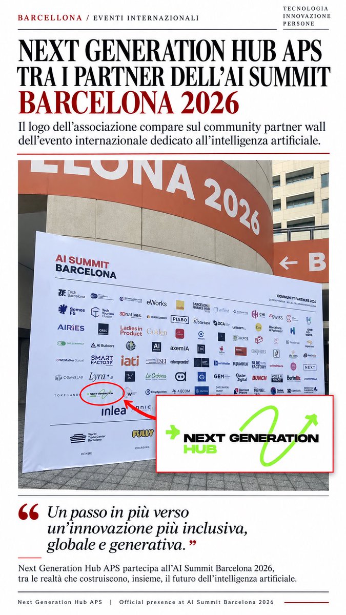 Berardinelli84's tweet photo. Barcellona, ci siamo. LI
Next Generation Hub APS è orgogliosa di essere presente tra i Community Partner di Al Summit Barcelona 2026.
#NextGenerationHub #AISummitBarcelona #AISB26
#IntelligenzaArtificiale #InternationalPartner
#Barcelona #Italia #NonProfit 
#GaetanoBerardinelli https://t.co/PQMXjlAJD2