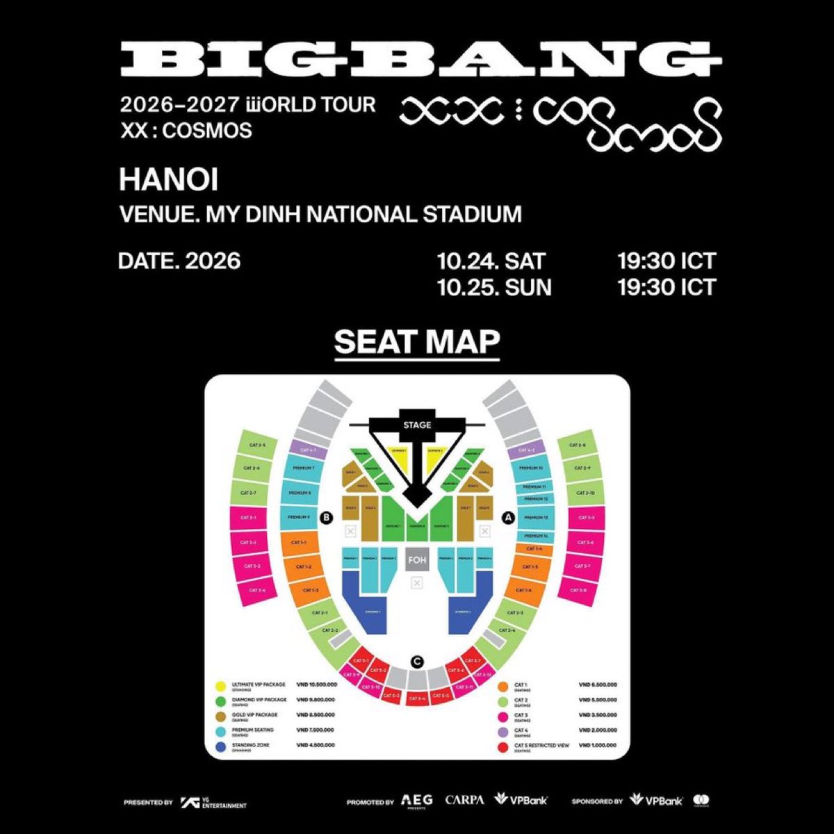 Vuangleefn's tweet photo. BIGBANG 2026–2027 WORLD TOUR ＜XX : COSMOS＞ IN HANOI ハノイ　ベトナム🇻🇳
2026 10/24 10/25
MY DINH NATIONAL STADIUM
チケット　代行

10/24
VIP Ultimate
5/20/30/40/50/130/140以内　
VIP DIAMOND 1 A列　
VIP DIAMOND 9 Y列　

10.25
VIP Ultimate 100以内　
VIP DIAMOND 6 A列

ご希望の方はDMください