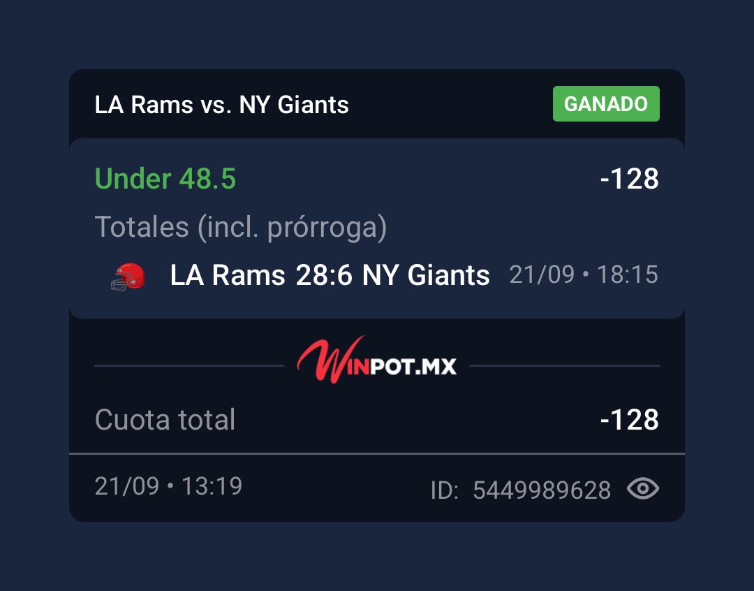 Jonassozuna's tweet photo. COBRADÍSIMO. 💰🏈

Rams 28-6 Giants.
UNDER 48.5 ✅

Lo vimos antes de que rodara el balón y terminó con 34 puntos totales.

Primer pick publicado. Primer verde. 🟢
Seguimos. 🥷📈 https://t.co/uxaUuKWiYa