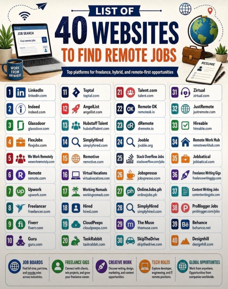 Tanaypawar27's tweet photo. LIST OF 40 WEBSITES TO FIND REMOTE JOBS

1. Linkedin. com

2. Indeed. com

3. Glassdoor. com

4. FlexJobs. com

5. weworkremotely. com

6. Remote. com

7. Upwork. com

8. Freelancer. com

9. Fiverr. com

10. Guru. com

11. Toptal. com

12. AngelList. com

13. Hubstafftalent. com

14. Simplyhired. com

15. Remotive. com

16. Virtualvocations. com

17. workingnomads. com

18. Hired. com

19. cloudpeeps. com

20. taskrabbit. com

21. talent. com

22. remoteok. io

23. dremote. io

24. jooble. org

25. stackoverflow. com/jobs

26. jobspresso. com

27. onlinejobs. ph

28. simplyhired. com

29. themuse. com

30. skipthedrive. com

31. zirtual. com

32. justremote. com

33. hireable. com

34. remoteworkhub. com

35. jobbatical. com

36. freelancewritinggigs. com

37. contentwritingjobs. com

38. problogger. com/jobs

39. behance. net

40. designhill. com

Follow me @Tanaypawar27