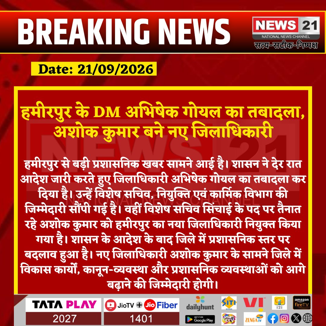 news21national's tweet photo. हमीरपुर के DM अभिषेक गोयल का तबादला, अशोक कुमार बने नए जिलाधिकारी

#Hamirpur #HamirpurNews #DMHamirpur #AbhishekGoyal #AshokKumar #UPNews #UttarPradesh #AdministrativeReshuffle #DMTransfer #BreakingNews #LatestNews #HindiNews #News21 #News21National https://t.co/wpbTQYKOMw