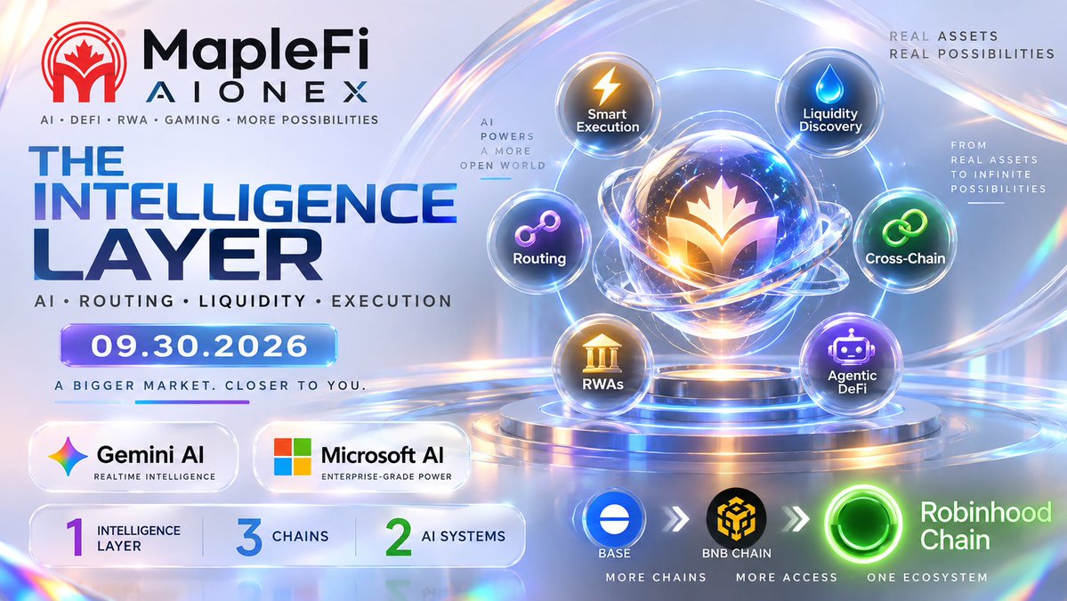 ARQEXA's tweet photo. 🧠 AIONEX is not just connecting to Robinhood Chain. It’s bringing intelligence with it.

On Robinhood Chain, AIONEX is expanding around:

⚡ Smart execution
💧 Liquidity discovery
🔀 Intelligent routing
🔗 Cross-chain connectivity
📈 Stock token + RWA direction
🤖 Agentic DeFi evolution

As more markets move onchain, access alone won’t be enough.

The edge will be intelligence + execution.

🍁 AIONEX × ROBINHOOD CHAIN
🟢 September 30, 2026

Next: final countdown before launch.

❤️ LIKE • 🔁 REPOST

@RobinhoodCrypto  

#RobinhoodChain #MapleFi #AIONEX #AI #RWA #DeFi
