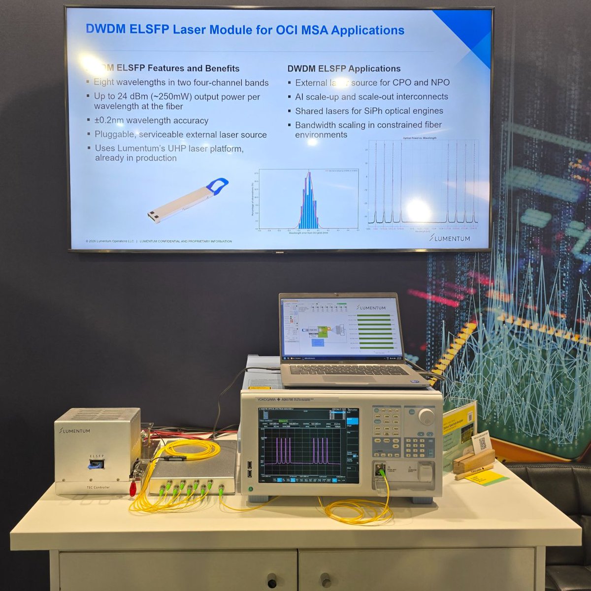 Lumentum's tweet photo. @Lumentum is highlighting another AI scale-up building block at #ECOC2026: an eight-wavelength DWDM laser module in an ELSFP form factor, designed for external laser source applications in CPO/NPO architectures. See the demo at stand 2050.

Read more: https://t.co/fNjqD4VTPN https://t.co/l1mSS9E6CB