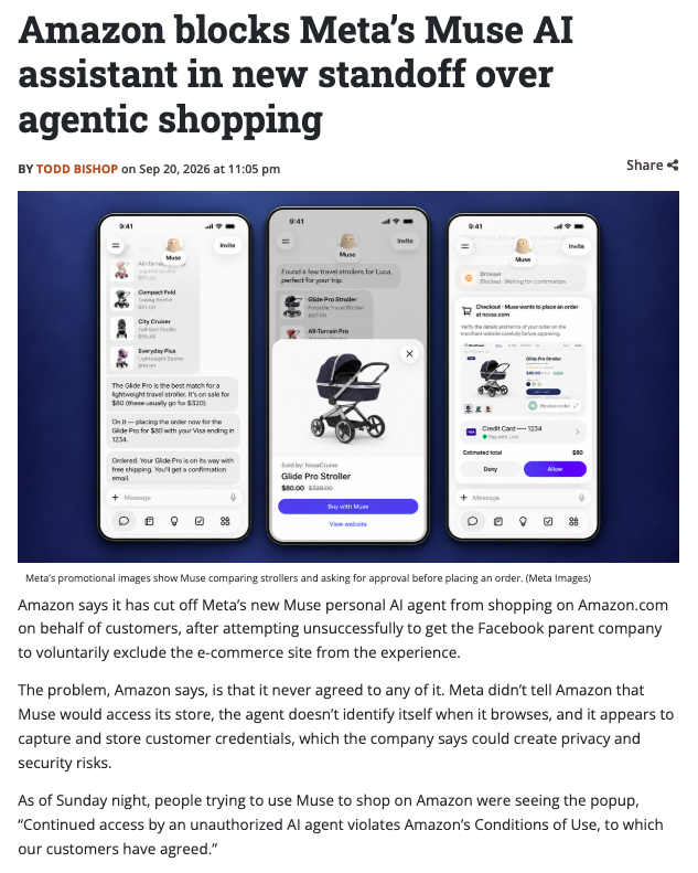 danizhu's tweet photo. Shopify partnered with Muse. Amazon blocked Muse.

The difference isn’t that Shopify believes in AI agents and Amazon doesn’t. It’s their business models.

Shopify is merchant infrastructure. It benefits whenever more interfaces bring demand to its merchants. Every new agent can become another distribution channel.

Amazon is a vertically integrated marketplace. It monetizes discovery, rankings, ads, checkout, and Prime. A third-party agent sitting between Amazon and the shopper doesn’t just automate the purchase. It takes away Amazon’s most valuable assets: customer intent, behavioral data, and the direct customer relationship.

Shopify wants to become the transaction layer beneath every AI agent.

Amazon wants Rufus to remain its primary shopping interface.

Different business models drive opposite strategies. 🎯