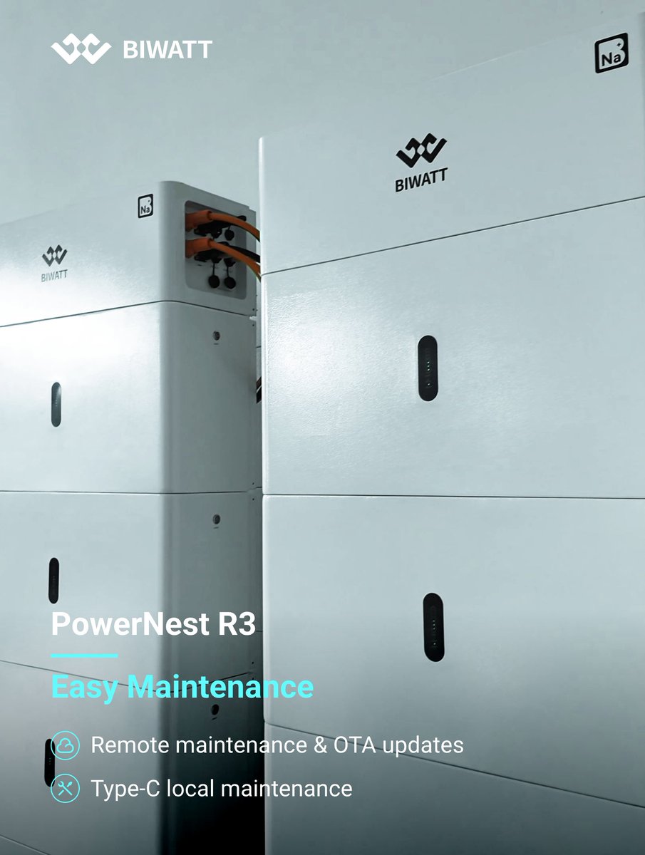 biwattpower's tweet photo. Sodium-ion energy storage with a more flexible approach to maintenance and system expansion.

Type-C firmware upgrades enable direct battery package version updates, alongside remote maintenance and OTA updates. Capacity scalability from 18 kWh to 288 kWh

#BIWATT #SodiumIon https://t.co/1hOpxpxNM9