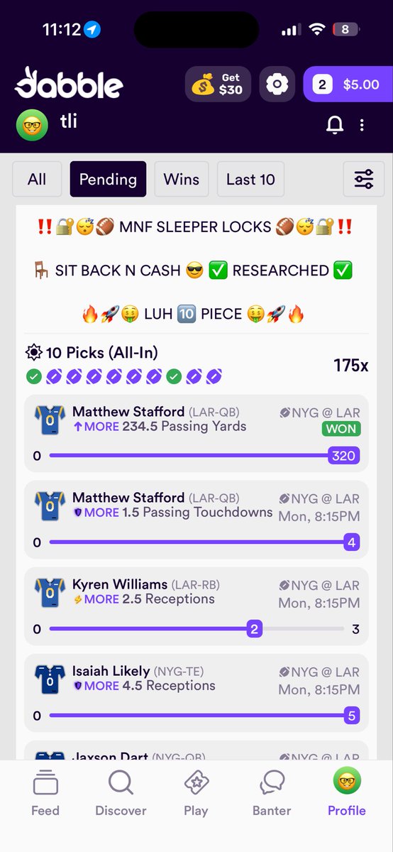 laurentlocks's tweet photo. im sick 😕😕 went 9/10 on @DabbleFantasy for MNF

FOLLOW ME @/tli FOR PLAYS ✅
I MAKE PLAYS ON THERE FREQUENTLY‼️ https://t.co/rtmD4C5mCD
