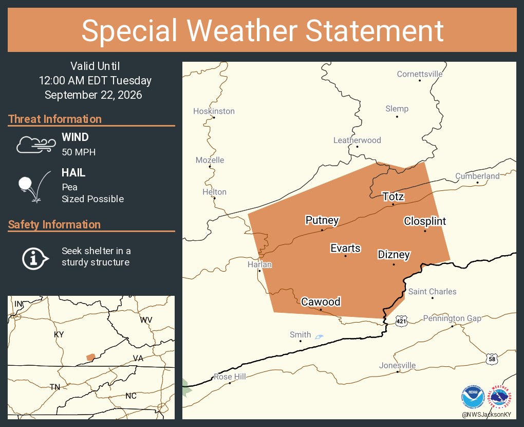 nwsjacksonky's tweet photo. A special weather statement has been issued for Evarts KY, Cawood KY and  Kenvir KY until 12:00 AM EDT https://t.co/ptYi9Ier6F