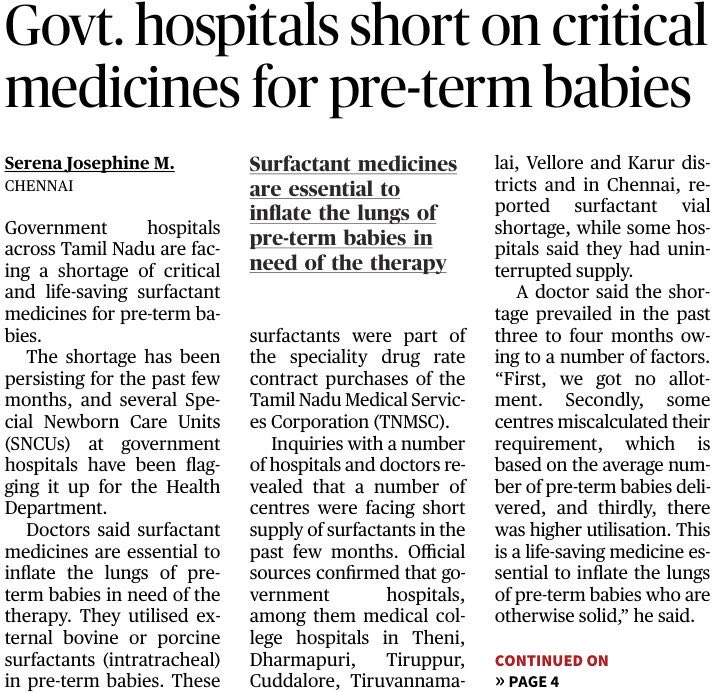Maddoc_MD's tweet photo. Today’s @the_hindu

Thank you, @serenasundar ma’am, for highlighting the surfactant shortage and bringing this critical issue to attention.

Hope the issue is resolved soon and uninterrupted supply is ensured. 🙏🙏 https://t.co/6wjMOnpd9A
