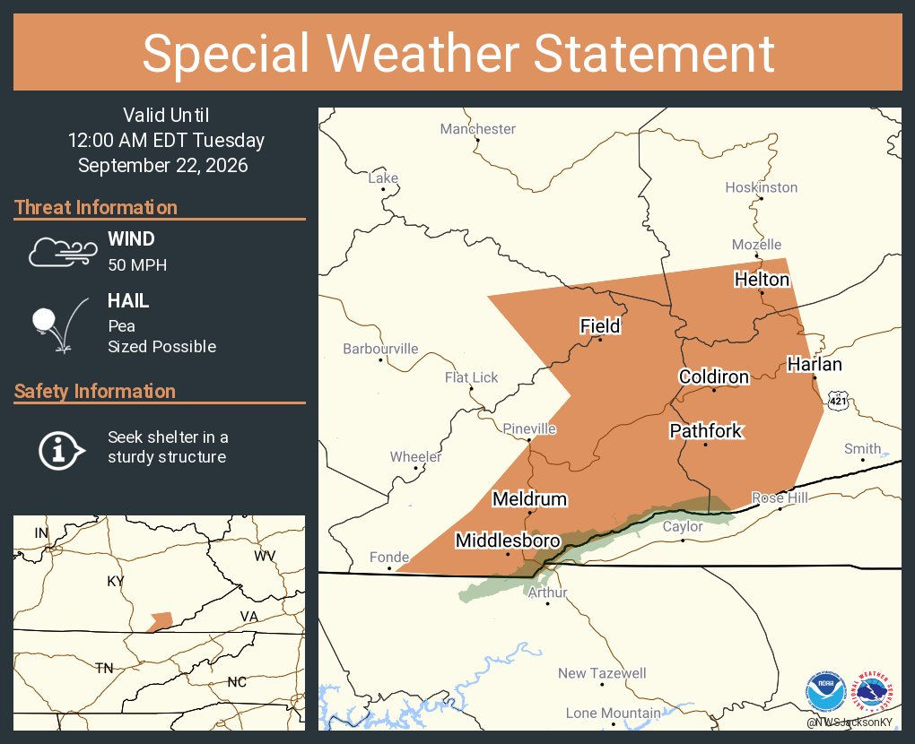 nwsjacksonky's tweet photo. A special weather statement has been issued for Middlesboro KY, Harlan KY and  Loyall KY until 12:00 AM EDT https://t.co/77lt6A36KJ