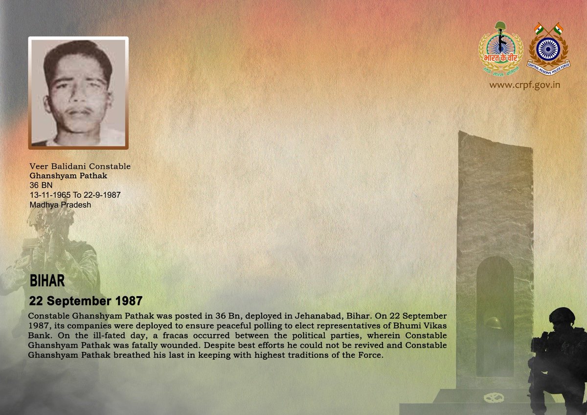 crpfindia's tweet photo. DG and all Ranks of #CRPF pay solemn tribute to Ct/GD Ghanshyam Pathak of 36 Bn CRPF, who made the supreme sacrifice after sustaining grievous injuries during a fracas in Jehanabad, Bihar on 22 September 1987. #CRPF salutes the braveheart and pledges never to let his sacrifice go in vain.

#LestWeForget
🇮🇳 #Bharat_Ke_Veer 🇮🇳
