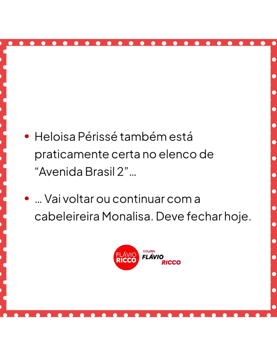 dia_tiago's tweet photo. • Heloísa Périssé está praticamente certa no elenco de #AvenidaBrasil2 

📰 Flávio Ricco https://t.co/9LdJfCRzZd