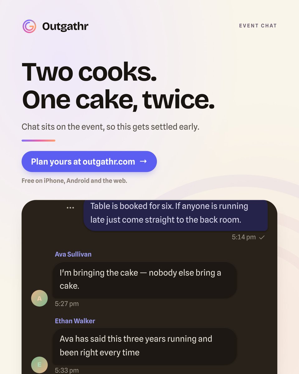 Outgathr's tweet photo. Every year somebody brings a second cake.

Chat that lives on the event itself, so the details never scroll away.

Free on iPhone, Android and the web. Link in bio.

#groupchat #eventplanning #grouptravel #outgathr https://t.co/xfaKG8w1Pd