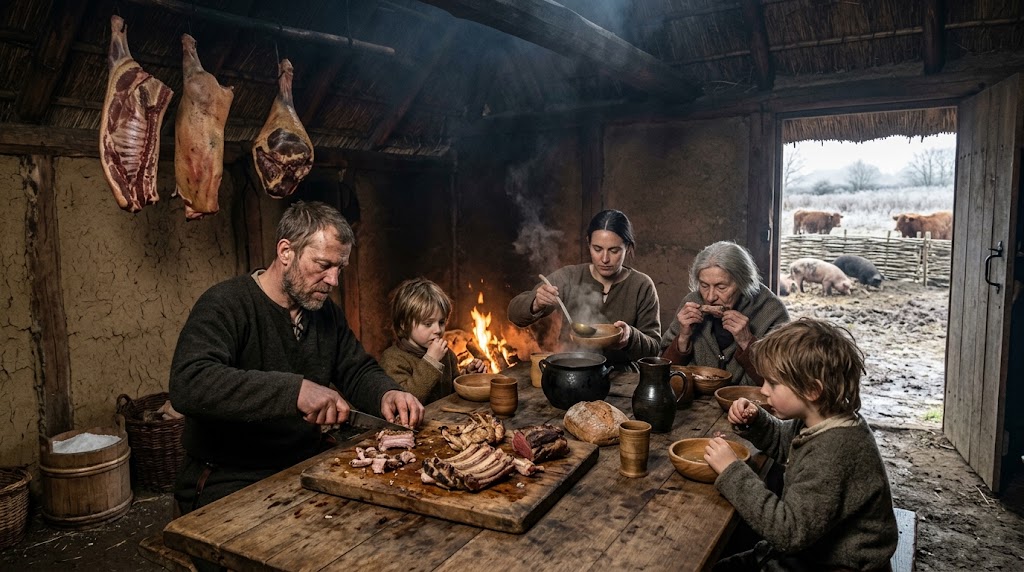 SamaHoole's tweet photo. The Anglo-Saxon king and the Anglo-Saxon ploughman ate the same dinner. The hungry peasant watching his lord eat meat was brought to England by the Normans, and the bones prove it.

In 2022 a Cambridge team published the chemistry of 2,023 skeletons buried in England between the 5th and 11th centuries. Bone keeps a record of how much animal protein its owner ate. They sorted the dead by rank, the sword burials and the jewellery against the plain graves.

The bones matched. The thegn under his grave goods and the ceorl under nothing at all had eaten alike.

Anglo-Saxon England:

- Cnut's law: every free man may hunt on his own land.
- The king travelled to his farmers and ate with them.
- One feast list from Wessex, around 700: 300 guests, 1kg of meat a head.
- November was called Blotmonath, blood month, for the slaughter.
- Rich grave and poor grave, the same diet in the bone.

Then 1066, and about 8,000 Normans took possession of two million English.

Norman England:

- Every deer in the country became the king's.
- A third of England was put under forest law.
- The penalty for killing a hart was blinding.
- The rabbit and the dove belonged to the manor.
- By 1086 about 5% of the land was still in English hands.
- The cow, the sheep and the pig kept their English names in the field and took French ones at the table.

An English monk wrote the Conqueror's obituary in the Chronicle in 1087. He loved the stags, it says, as if he were their father.

In the later medieval graveyards the bones of rank and the bones of the village stop matching.

We picture the feasting lord and the starving peasant as the natural order of the old world. In England it came over on a boat, and it spoke French.