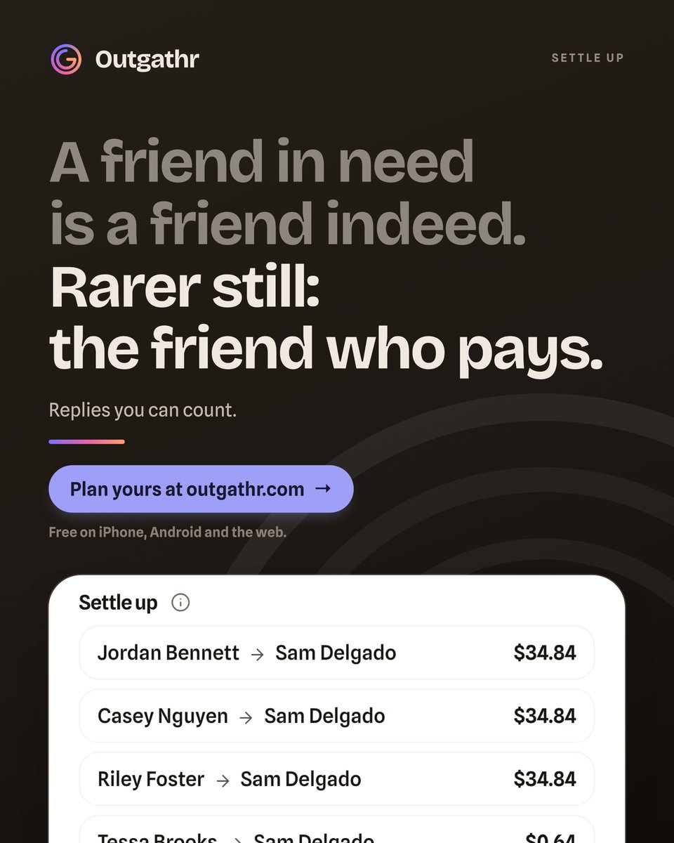 Outgathr's tweet photo. Everyone shows up. Not everyone settles up.

Log what you spend as you spend it. Every balance is worked out for you, with the transfers that clear them.

Free on iPhone, Android and the web. Link in bio.

#splitthebill #groupexpenses #travelcosts #grouptravel #outgathr https://t.co/XziCW5EIXz