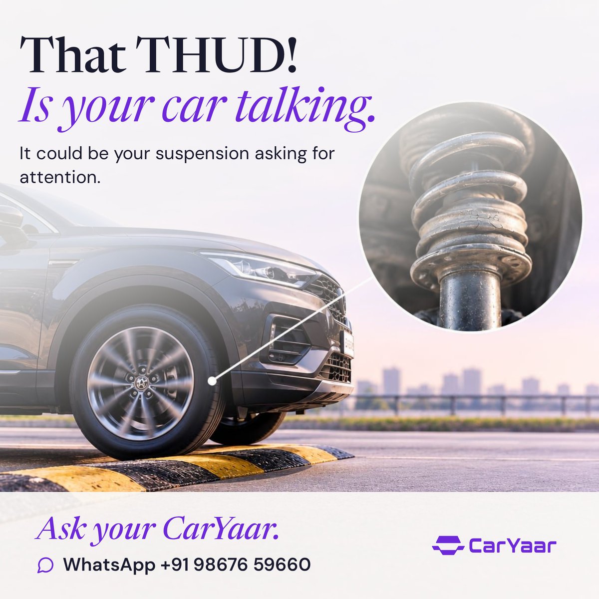 CarYaarAuto's tweet photo. That THUD! Could be your suspension asking for attention. 

🚗Do not ignore the signs. Get your car checked before a small issue becomes a bigger repair.

📲 Ask your CarYaar
WhatsApp: +91 98676 59660

#CarYaar #CarCare #CarService #SuspensionCheck https://t.co/TtA4kVecOn