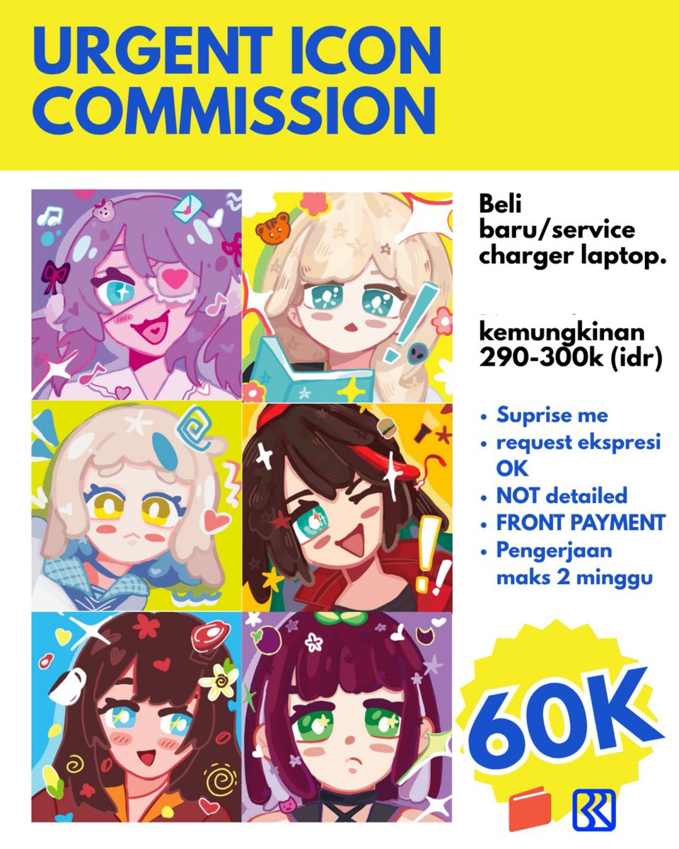 marseinna's tweet photo. URGENT COMMISSION!
Help RT / likes 🙇🙇
[ 4 SLOT ]

aku butuh sekitar 200-300k untuk beli charger laptop baru, karna charger yang aku pake kadang gak bisa :")

Pembayaran bisa BRI/shopeepay 
#opencommission https://t.co/jj14djVwWS